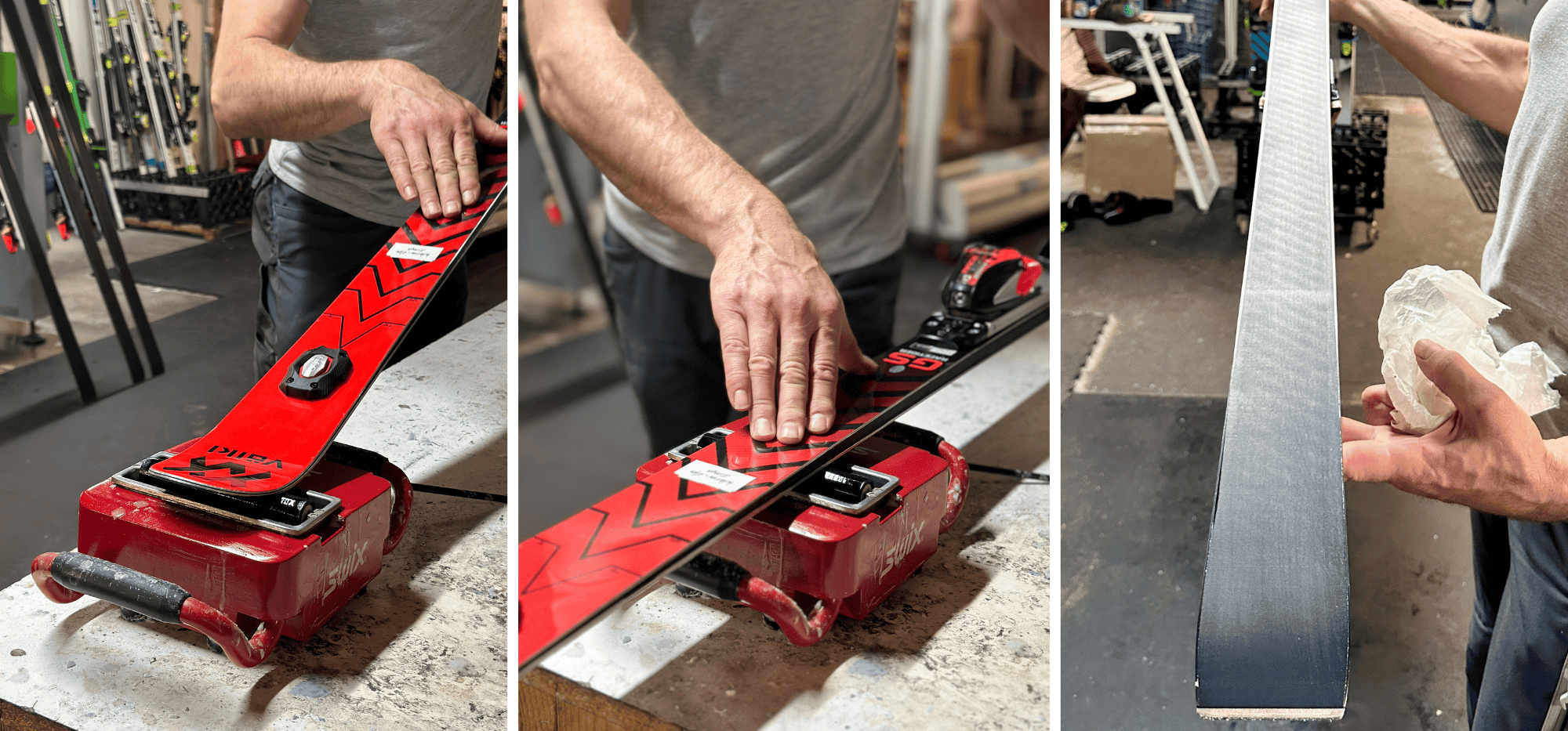 3 images demonstrating Swix wax roller use